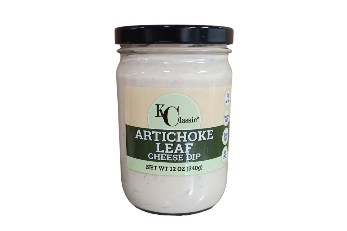 KC Classic Gourmet Artichoke Leaf Cream Cheese Dip in a glass jar with a black lid and green label.