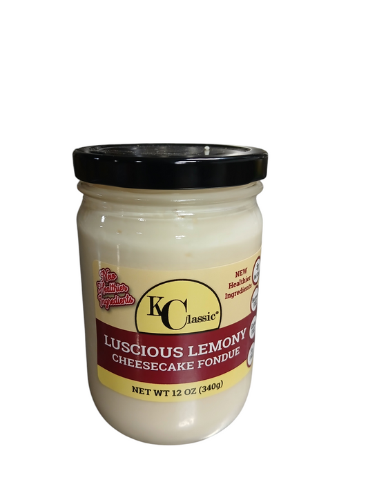 KC Classic Gourmet Luscious Lemony Cheesecake Fondue in a glass jar with a black lid and yellow-and-burgundy label
