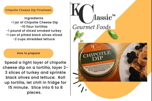 Chipotle Cheese Dip Pinwheels recipe card with turkey, black olives, lettuce, and flour tortillas.