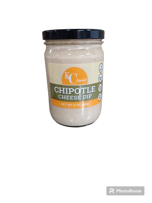KC Classic Gourmet Chipotle Cream Cheese Dip in a glass jar with a black lid and orange-and-green label.