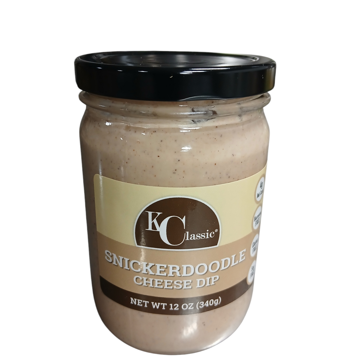 KC Classic Gourmet Snickerdoodle Cookie Cream Cheese Dip in a glass jar with a black lid and tan-and-brown label.
