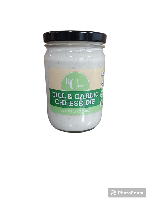 KC Classic Gourmet Dill & Garlic Cheese Dip in a glass jar with a black lid and green label.